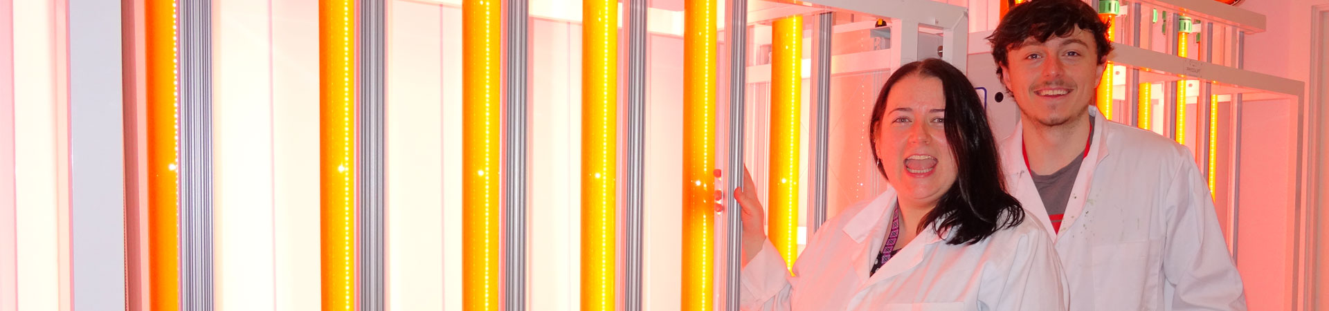 Two staff cultivating algae for bulk production, standing besides illuminated tubes filled with algal cultures.