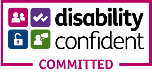 A badge saying disability confident committed with four differently coloured cons in a pint frame