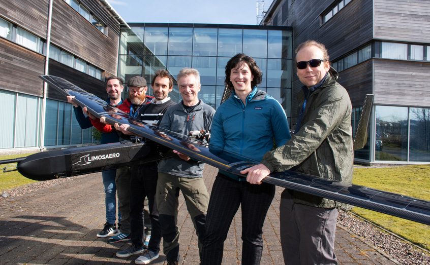 Limosaero's solar-powered drone testing allowed for collaboration between SAMS staff and the tech company. From left: Richard Dale, Dr Niall Burnside, Kieran Campbell and Dr Phil Anderson of SAMS, with Dr Hilary Costello and Dr Graham Spelman of Limosaero