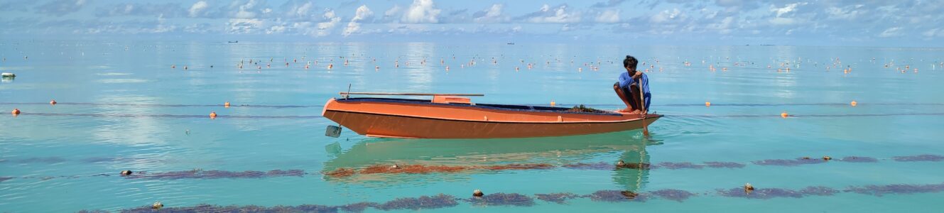 Orange boat on water above seaweed farm